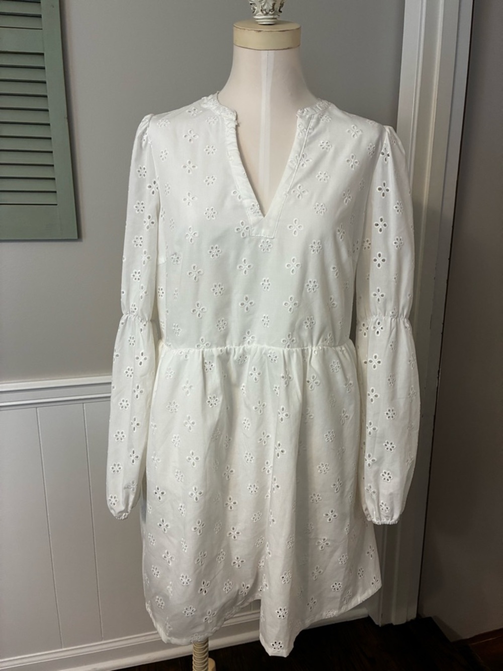 H&M White Eyelet V-Neck Long Sleeve Mini Dress